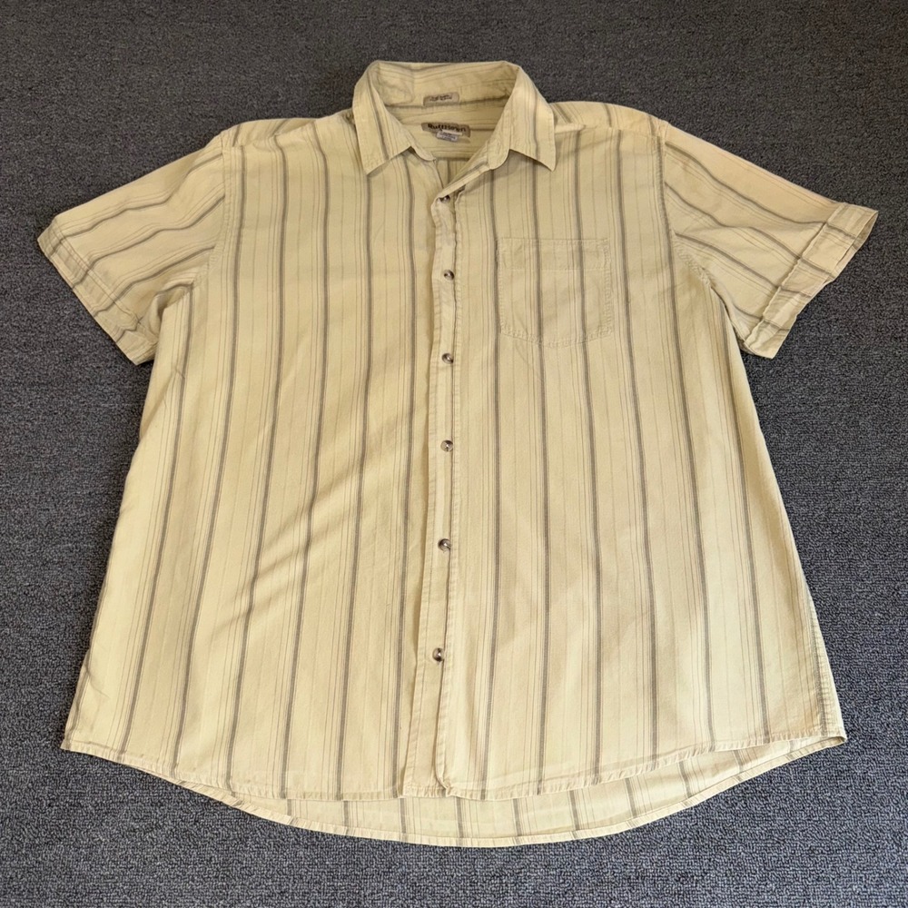 RuffHewn Mens XL Short Sleeve Button Down Shirt Tan Striped Cotton Gorpcore